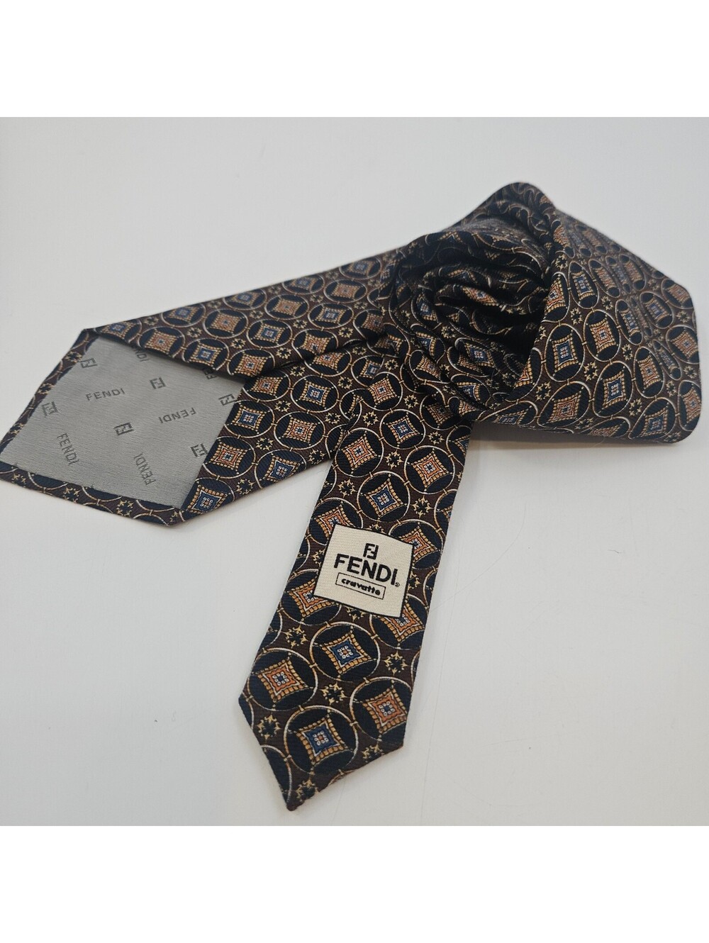 Vintage Fendi Cravatte 100% Wool Necktie Made in Italy Geometric Brown Designer